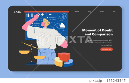 FOBO concept. Anxiety and hesitance linked to making choices and decisions. Visualizes a figure weighing options against data and comparisons, reflecting the struggle with uncertainty. Vector FOBO concept. Anxiety and hesitance linked to making choices and decisions. Visualizes a figure weighing options against data and comparisons, reflecting the struggle with uncertainty. Vector 125243545