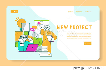 Business Cat concept. A playful illustration showing a cat leading a brainstorming session with professionals. Collaboration, innovation, and creativity are highlighted in a modern workspace setting Business Cat concept. A playful illustration showing a cat leading a brainstorming session with professionals. Collaboration, innovation, and creativity are highlighted in a modern workspace setting 125243608