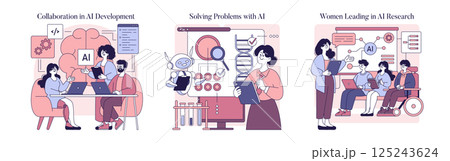 Women advancing in AI fields highlight collaboration, problem-solving, and leadership in technology. These illustrations portray inclusive teamwork and the emerging role of women in innovative AI 125243624