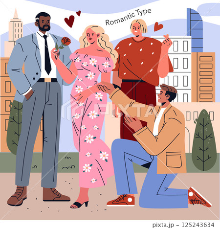 "Romantic Type" concept illustration featuring stylish characters, a couple and floral representations of affection in a city setting. 125243634