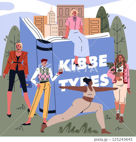 Kibbe Types concept. Fashion diversity among people with unique body shapes and clothing preferences. Various styles suit different personalities and lifestyles. Urban outdoor setting. Vector Kibbe Types concept. Fashion diversity among people with unique body shapes and clothing preferences. Various styles suit different personalities and lifestyles. Urban outdoor setting. Vector 125243645