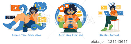 Brain Rot concept. This illustration highlights the effects of excessive screen time and digital fatigue. It features scenarios showcasing exhaustion, overload, and burnout linked to digital usage 125243655