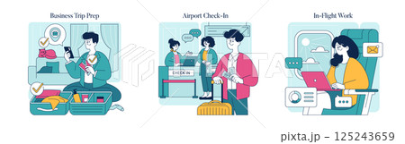 Business travel sequence illustration showing trip preparation, airport check-in, and in-flight work. Each scene captures essential moments, reflecting the modern business travel experience. Vector 125243659