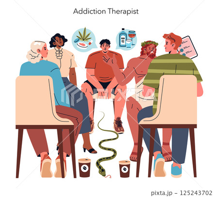 Addiction therapy session showcasing a group discussing challenges and support. The environment emphasizes openness, connection, and understanding among participants and their therapist. Vector Addiction therapy session showcasing a group discussing challenges and support. The environment emphasizes openness, connection, and understanding among participants and their therapist. Vector 125243702