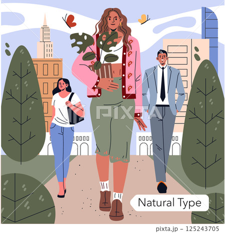 Natural Type fashion concept for diverse body shapes within an urban park setting, highlighting individual style and confidence. 125243705