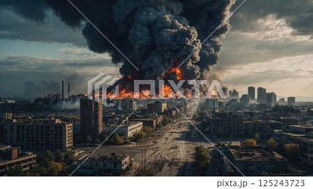 urban fire consumes buildings, with thick black smoke spiraling into the sky, creating a dramatic and catastrophic scene of destruction and chaos urban fire consumes buildings, with thick black smoke spiraling into the sky, creating a dramatic and catastrophic scene of destruction and chaos 125243723