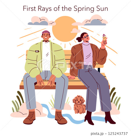 Spring Equinox Day showcases a cozy urban scene where two friends enjoy the warmth of the first sun rays. They relax on a bench, savoring treats while a playful dog sits nearby. Spring Equinox Day showcases a cozy urban scene where two friends enjoy the warmth of the first sun rays. They relax on a bench, savoring treats while a playful dog sits nearby. 125243737