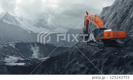 A powerful orange excavator working on rugged, mountainous terrain with snow-capped peaks and dramatic gray skies, symbolizing industry, construction, and resilience A powerful orange excavator working on rugged, mountainous terrain with snow-capped peaks and dramatic gray skies, symbolizing industry, construction, and resilience 125243755