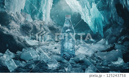 A water bottle placed amidst sparkling ice chunks inside an ice cave, with frosty icicles surrounding it, creating a cool and refreshing atmosphere 125243758