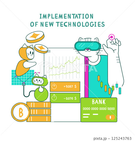 Business cat engaging with new technologies, illustrating finance and analytics. Features cryptocurrencies, charts, and bank cards, showcasing a fun approach to modern business practices. Vector Business cat engaging with new technologies, illustrating finance and analytics. Features cryptocurrencies, charts, and bank cards, showcasing a fun approach to modern business practices. Vector 125243763