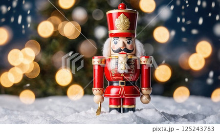 nutcracker toy stands in fresh snow against a backdrop of glowing holiday lights and bokeh, encapsulating the magic and tradition of the Christmas season 125243783