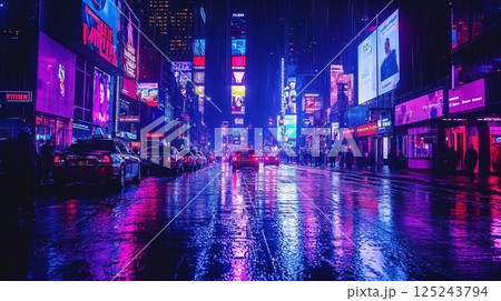 Rain-soaked streets of a neon-lit city glowing in vibrant pink and blue hues at night, creating a cyberpunk, futuristic urban scene 125243794