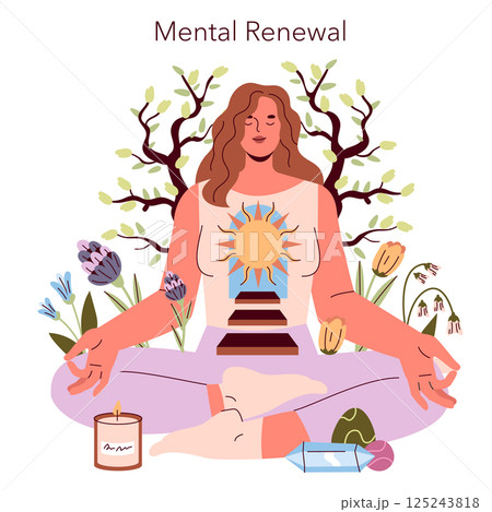 Spring Equinox Day symbolizes renewal and balance. A tranquil scene of meditation features a woman surrounded by blooming flowers, candles, and crystals, representing mental clarity and growth. Spring Equinox Day symbolizes renewal and balance. A tranquil scene of meditation features a woman surrounded by blooming flowers, candles, and crystals, representing mental clarity and growth. 125243818