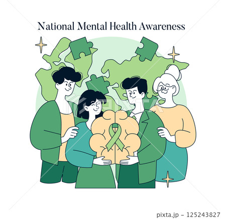 National Mental Health Awareness highlights the importance of emotional well-being. A diverse group of people unites to support mental health initiatives, encouraging open dialogue and understanding. 125243827