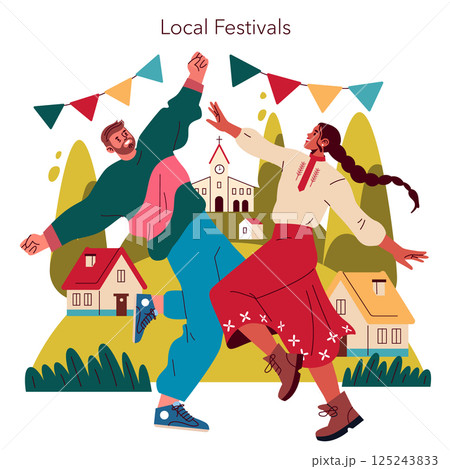 Local festivals bring communities together through joyous celebrations. People dance, play, and enjoy cultural traditions in vibrant settings with colorful decorations and cheerful atmospheres. Local festivals bring communities together through joyous celebrations. People dance, play, and enjoy cultural traditions in vibrant settings with colorful decorations and cheerful atmospheres. 125243833