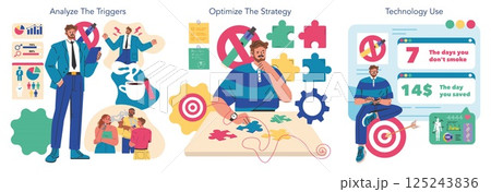 Stop Smoking concept. This illustration guides individuals on quitting smoking through trigger analysis, strategy optimization, and technology utilization. It emphasizes personal growth and health 125243836
