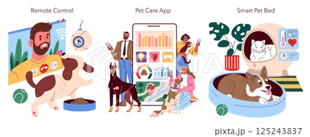 Pet Gadgets illustration. Displays innovative devices for pet care including remote control, care app, smart pet bed, showcasing technology transforming pet ownership experience. Vector illustration. Pet Gadgets illustration. Displays innovative devices for pet care including remote control, care app, smart pet bed, showcasing technology transforming pet ownership experience. Vector illustration. 125243837