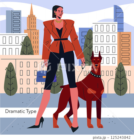 Kibbe Types concept. Tall woman with sharp features wears structured jacket and pants, standing confidently with a Doberman in an urban cityscape, representing the Dramatic Kibbe type. Vector 125243842