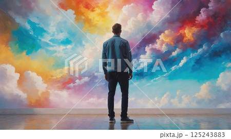 man gazes at a breathtaking painted sky mural with vivid hues of orange, blue, and pink, symbolizing creativity, imagination, and artistic wonder 125243883