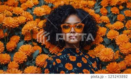 Stylish woman with curly hair, large orange sunglasses, and matching floral outfit surrounded by bright orange flowers Stylish woman with curly hair, large orange sunglasses, and matching floral outfit surrounded by bright orange flowers 125243892