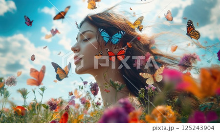 Dreamy portrait of young woman with colorful butterflies and wildflowers in summer meadow. Whimsical nature photography combining fantasy elements with natural beauty and soft lighting Dreamy portrait of young woman with colorful butterflies and wildflowers in summer meadow. Whimsical nature photography combining fantasy elements with natural beauty and soft lighting 125243904