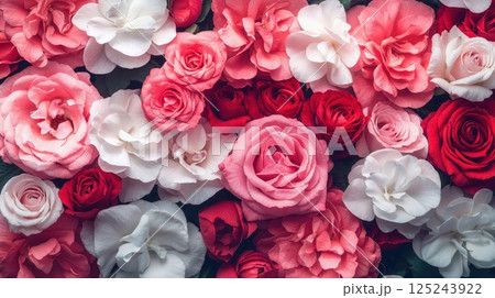 Luxuriant floral arrangement featuring blooming roses in shades of pink, red, and white creating a romantic and elegant composition perfect for wedding decor, Valentine's Day, or luxury events 125243922