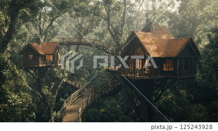Enchanting treehouse village connected by wooden bridges in misty forest setting, featuring rustic architecture with warm glowing windows creating cozy fairy tale atmosphere 125243928
