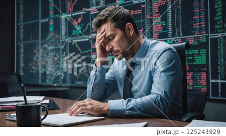 stressed businessman in a blue shirt holds his head in front of multiple financial screens, reflecting the pressure and tension of the stock market 125243929
