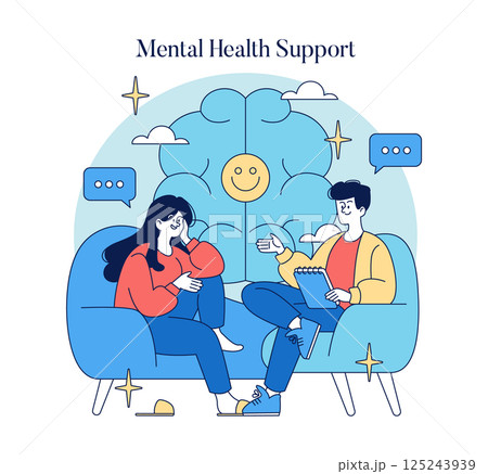 Mental Health Support illustration. A scene depicting a supportive interaction between a counselor and a person seeking mental health guidance. The backdrop features elements symbolizing positivity Mental Health Support illustration. A scene depicting a supportive interaction between a counselor and a person seeking mental health guidance. The backdrop features elements symbolizing positivity 125243939
