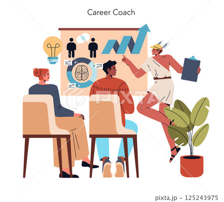 Career coaching session focused on enhancing professional growth. Participants engage with a coach amidst visual aids showcasing insights, strategies, and metrics aimed at career advancement. Vector Career coaching session focused on enhancing professional growth. Participants engage with a coach amidst visual aids showcasing insights, strategies, and metrics aimed at career advancement. Vector 125243975