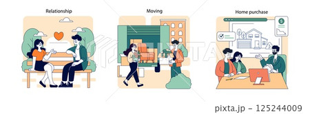 Milestone concept showcasing significant life events. Themes include building relationships, changing locations, and purchasing homes. Each scene highlights personal growth and transitions. Vector 125244009