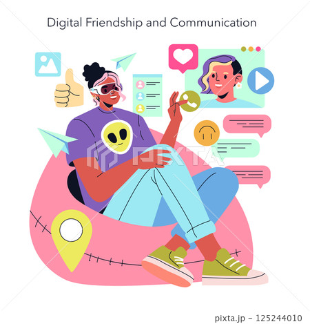 Beta Generation illustration. Explores the dynamics of digital friendships and online communication. Engaging interactions through technology showcase social connectivity in contemporary life. Vector 125244010