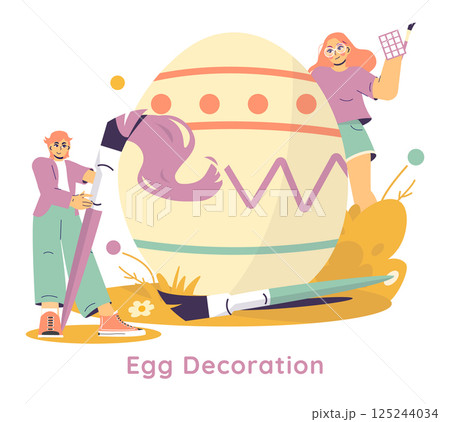 Easter concept. Happy people creatively decorate giant Easter egg with brush and paint, preparing holiday artwork in cheerful atmosphere. Vector illustration. 125244034