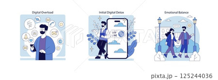 Digital well-being and mental health illustration series. Focus on digital overload, digital detox, and achieving emotional balance. Offers insights into managing technology and mental wellness 125244036