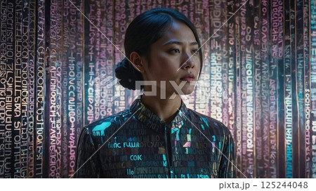 A young woman wearing a futuristic, reflective jacket stands against a wall filled with glowing digital text, creating a striking contrast of technology and fashion 125244048