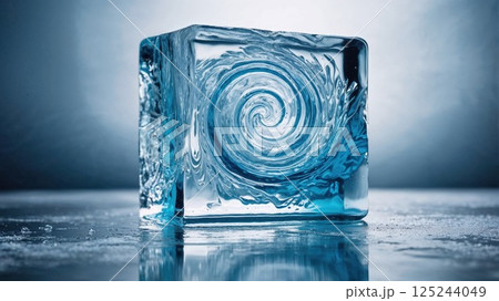 A close-up of a swirling blue ice cube with intricate patterns, showcasing its smooth, crystalline texture against a soft blue background, highlighting the beauty of frozen water 125244049