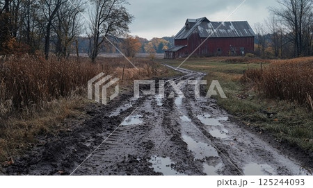 Old red barn on muddy country road during gloomy autumn day. Rural landscape with rustic barn, winding dirt path and bare trees creating moody countryside atmosphere 125244093