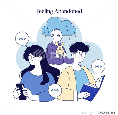 Neglectful parenting portrayed through three characters: a distracted mother, an indifferent father, and a lonely child holding a toy. This illustration reflects emotional distance and its impact on 125244104