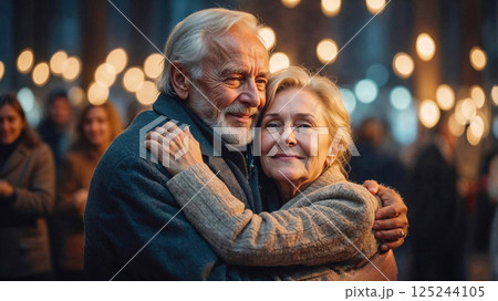Senior Couple Embracing in Warm Lighting A joyful elderly couple shares a loving embrace under glowing warm lights, surrounded by a festive crowd, capturing the essence of togetherness and timeless 125244105