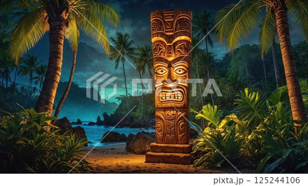 lit tiki statue stands tall in a tropical paradise by the beach, surrounded by palm trees and exotic foliage, evoking a mystical and serene atmosphere under the night sky 125244106