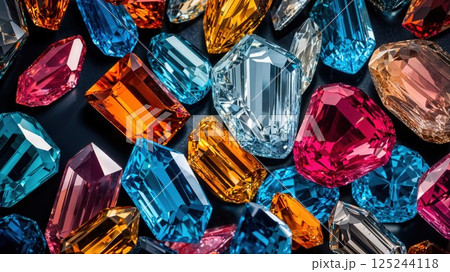colorful gemstones in various cuts and shapes, including brilliant blues, fiery oranges, vivid pinks, and clear crystals, glistening under soft lighting 125244118