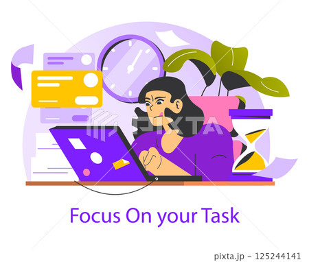 Work focus illustration. A person committed to their tasks amidst various distractions. Time management, productivity, and concentration are key themes represented through visual elements. Vector Work focus illustration. A person committed to their tasks amidst various distractions. Time management, productivity, and concentration are key themes represented through visual elements. Vector 125244141