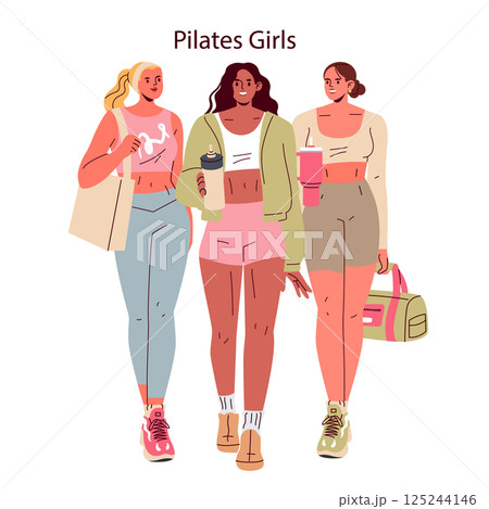 Pilates Girls illustration. Three active women in sporty outfits hold drinks and gear. They embody a lifestyle of fitness and wellness with a stylish camaraderie. Perfect for health and fitness 125244146
