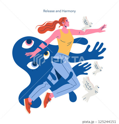 This illustration represents the concepts of release and harmony, showcasing a figure in motion surrounded by abstract hands and eyes, symbolizing freedom and inner peace while doves fly around. 125244151