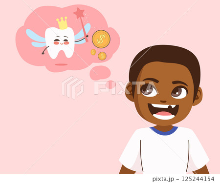 Happy Boy Dreaming About the Tooth Fairy Cute Cartoon Vector Illustration Happy Boy Dreaming About the Tooth Fairy Cute Cartoon Vector Illustration 125244154