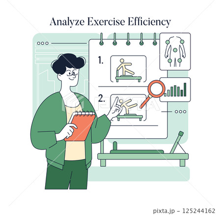 Pilates exercise analysis for improved efficiency. A person reviews illustrations on a board, focusing on techniques and performance metrics to enhance overall workout effectiveness. Vector 125244162