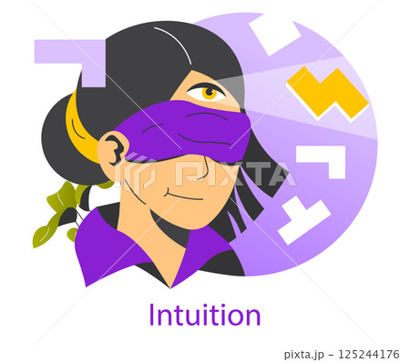 Intuitive operation symbolized by a character with a blindfold and an eye, representing mindfulness and unconscious knowledge. Recognizing patterns and trusting instincts. Vector illustration. 125244176