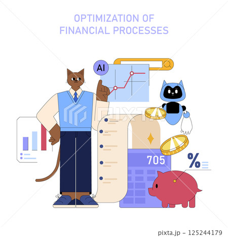 AI enhances financial processes through automation and data analysis. This illustration highlights the integration of technology in finance, showcasing AI-driven optimization and efficiency. Vector 125244179