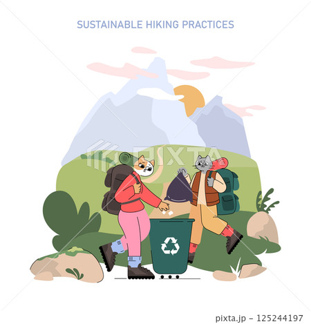 Mountain tourism concept. Two hikers clean up litter along a scenic mountain trail with recycling bin, promoting responsible travel, environmental stewardship and nature conservation. Vector 125244197