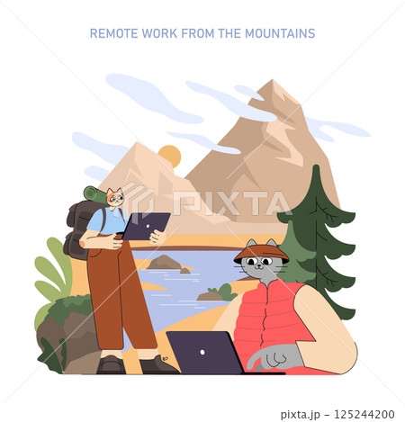 Mountain tourism concept. Digital nomads with laptops enjoying remote work surrounded by scenic mountain landscape, river, trees and nature experience fresh air outdoors. Vector illustration. Mountain tourism concept. Digital nomads with laptops enjoying remote work surrounded by scenic mountain landscape, river, trees and nature experience fresh air outdoors. Vector illustration. 125244200